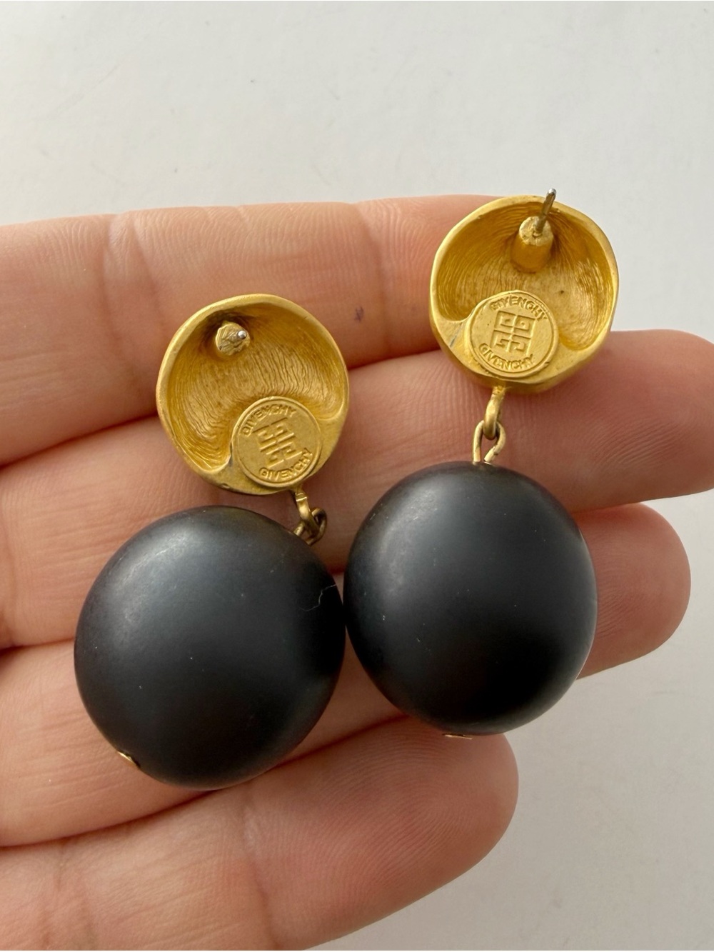 Vintage Givenchy Signed Matte Brushed Goldtone Black Double Ball Dangle Earrings - Picture 6 of 8